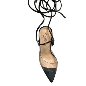 Cape Robbin Clear Strap Lace Up Heels | Black Pointed Toe